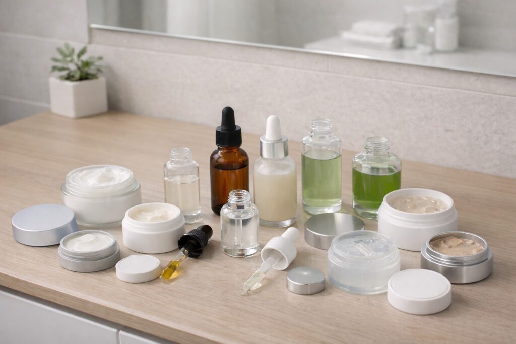 Viele verschiedene Hautpflegeprodukte auf einem Waschbecken – mögliche Pflegefehler bei empfindlicher Haut