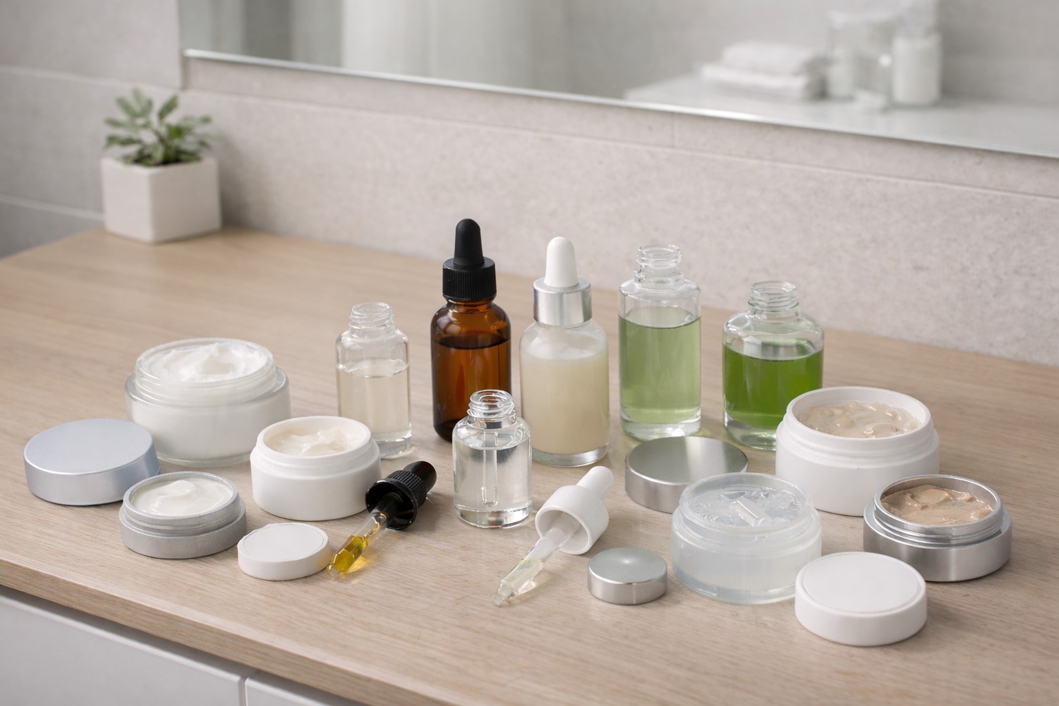 Viele verschiedene Hautpflegeprodukte auf einem Waschbecken – mögliche Pflegefehler bei empfindlicher Haut