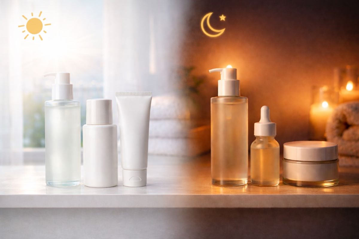 Minimalistische Hautpflege-Routine auf einem Badezimmerregal: links drei Produkte für die Morgenroutine (Reinigung, Feuchtigkeitscreme, Sonnenschutz), rechts drei Produkte für die Abendroutine (Reinigung, Serum, Nachtcreme), neutrale Verpackungen ohne Labels, weiches Tageslicht links und wärmeres Abendlicht rechts.