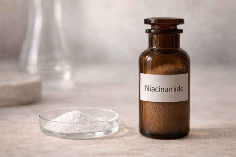 Niacinamid für empfindliche Haut als Wirkstoff – Glasflasche mit Vitamin B3 und Petrischale mit Pulver im Laborstil.