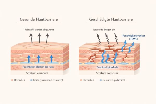 Niacinamid für empfindliche Haut: Vergleich einer gesunden und geschädigten Hautbarriere im Querschnitt mit Hornzellen, Lipiden und Feuchtigkeitsverlust.
