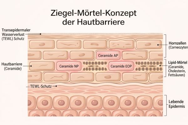 Ceramide für empfindliche Haut – Ziegel-Mörtel-Modell der Hautbarriere: Illustration des Stratum corneum mit Hornzellen (Corneozyten) als Ziegeln und Lipiden aus Ceramiden, Cholesterin und Fettsäuren als Mörtel, der den transepidermalen Wasserverlust (TEWL) verhindert.