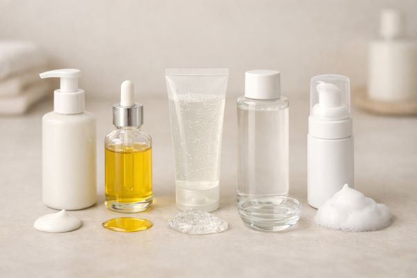 Gesichtsreinigung empfindliche Haut - 5 verschiedene Produkttypen je im Gefäß und davor als Substanz