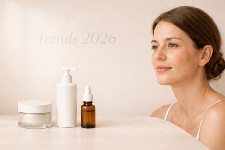 Trends 2026: Frau mit natürlicher Haut neben minimalistischen Hautpflegeprodukten, symbolisiert reduzierte Hautpflegeroutine 2026