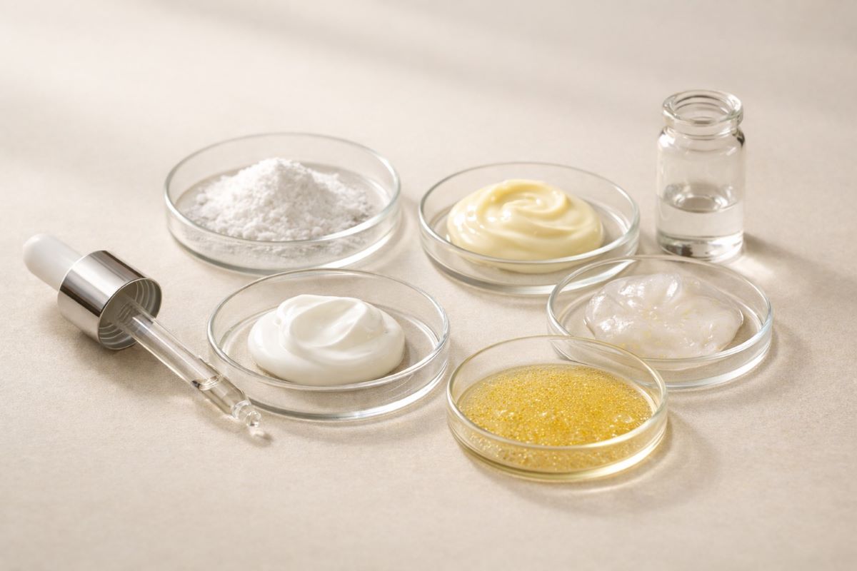 Hautpflege-Wirkstoffe für empfindliche Haut in Petrischalen mit Creme, Öl, Gel und Pulver