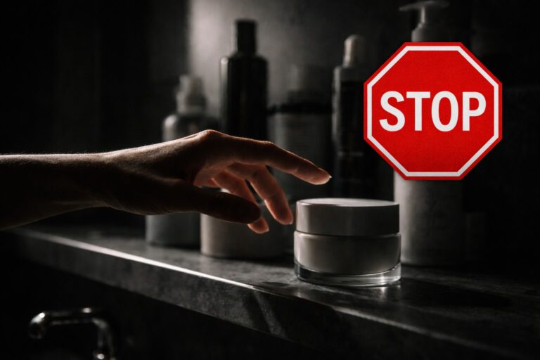 5 Feinde für empfindliche Haut, Hand, die im Dunkel der Nacht nach einem Tiegel greift, Stoppzeichen