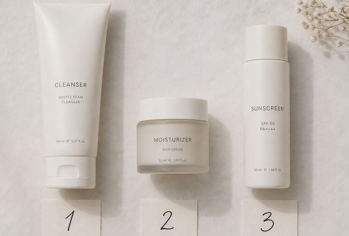 Hautpflege Routine empfindliche Haut Flatlay der 3-Schritte-Routine