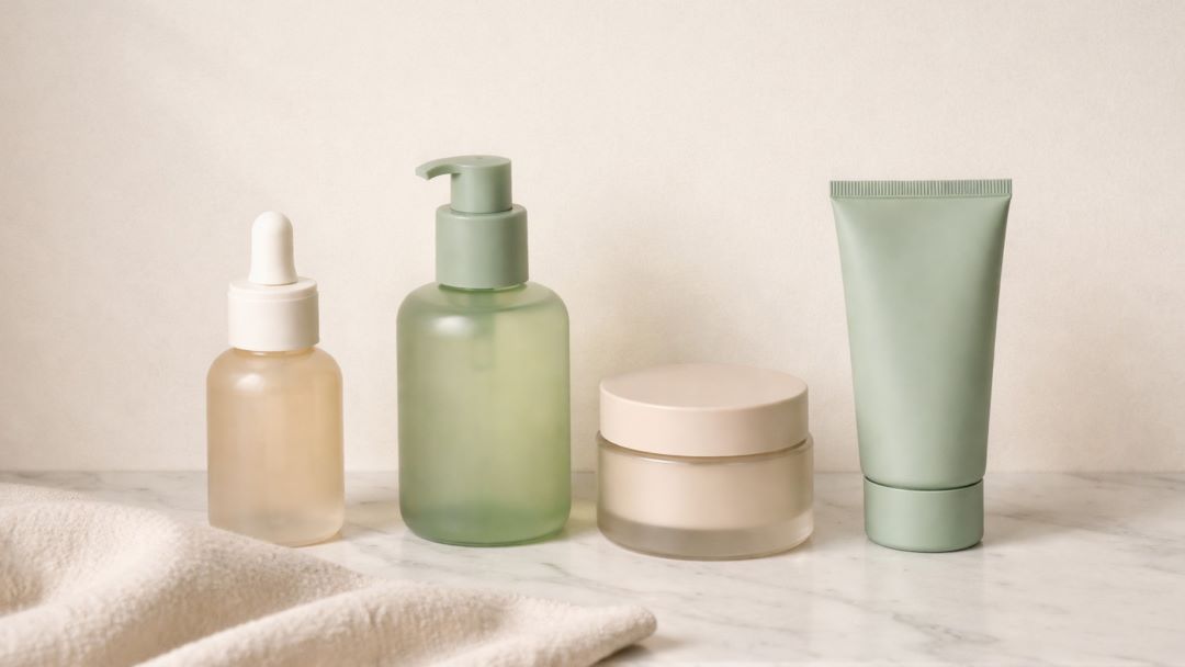 Clean Skin Care 4 minimalistische Produkte in Türkis-Beige-Tönen