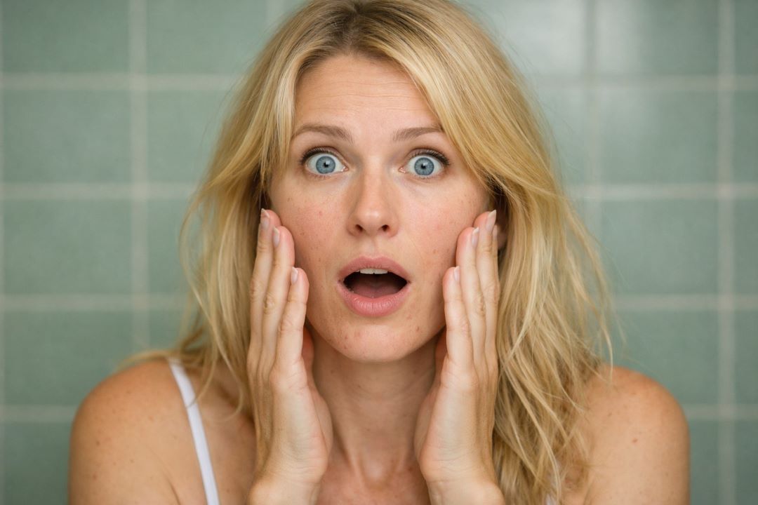 Hautunreinheiten empfindliche Haut: Blonde Frau mit weit aufgerissenen Augen vor salbeigrünen Badezimmerfliesen, wenige Hautunreinheiten im Gesicht sichtbar