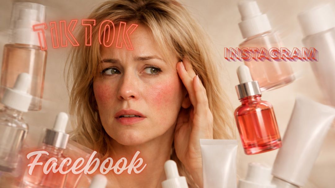 TikTok-Dermatitis: Frau mit leicht geröteter, empfindlicher Gesichtshaut umgeben von mehreren Hautpflegeprodukten als Symbol für überforderte Haut durch zu viele Wirkstoffe