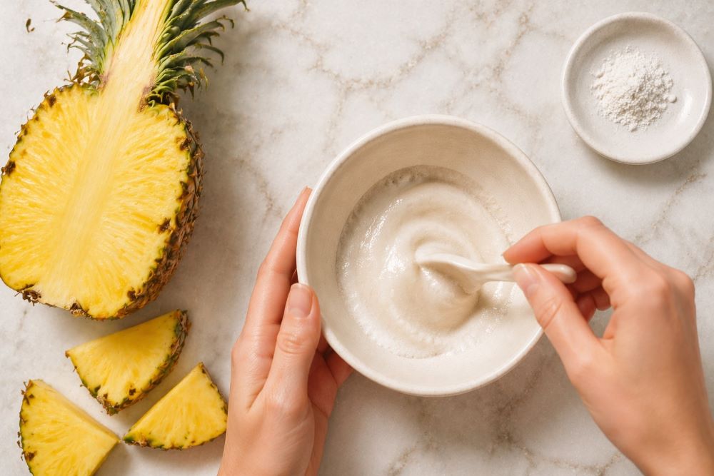 Peeling empfindliche Haut - aufgeschnittene Ananas, daneben ein weißes Pulver, das Bromelain, das als Paste verrührt zum Peeling wird.