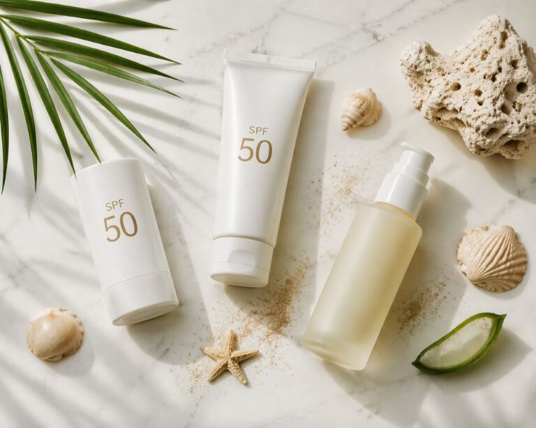 Sonnenschutz empfindliche Haut Urlaub – verschiedene Sonnenschutz und After-Sun-Produkte liegend auf Marmor, dazwischen Sandkörner, Aloe, Palmenblatt