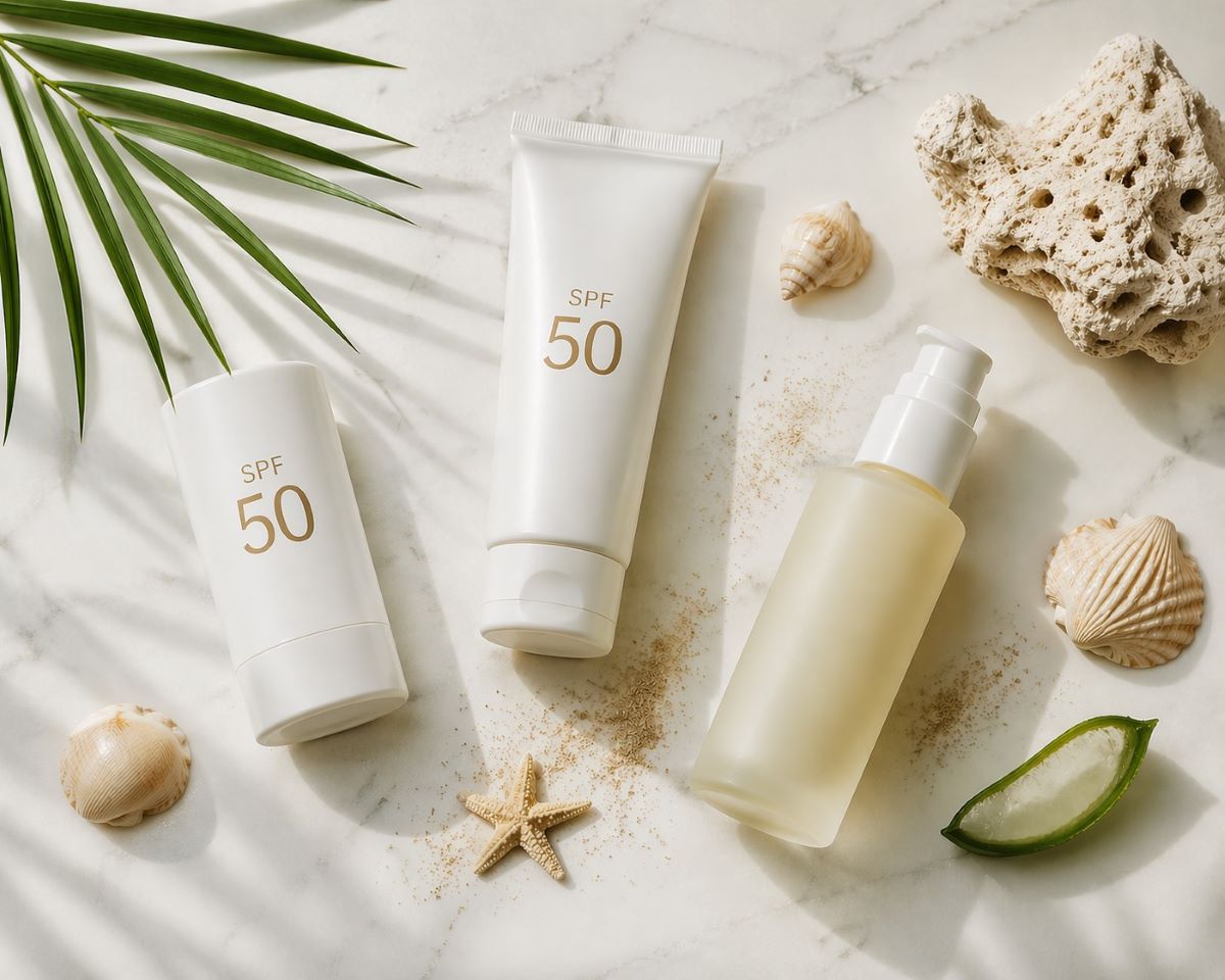 Sonnenschutz empfindliche Haut Urlaub – verschiedene Sonnenschutz und After-Sun-Produkte liegend auf Marmor, dazwischen Sandkörner, Aloe, Palmenblatt