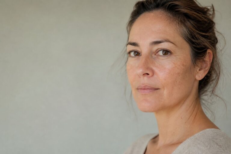 Altersflecken behandeln: Frau über 40 mit sichtbaren Altersflecken im Gesicht bei natürlichem Licht, ruhige minimalistische Darstellung