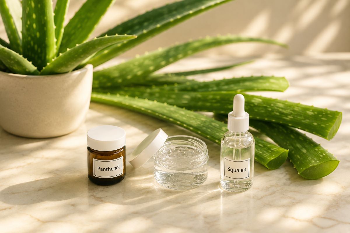 mpfindliche Haut Sommer beruhigen DIY – Aloepflanze im diffusen Sonnenlicht, zwei Aloe-Blätter angeschnitten, drei Gefäße mit Aloe-Gel, Panthenol, Squalan