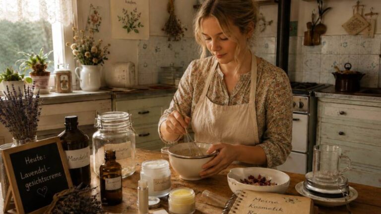 DIY Kosmetik empfindliche Haut – eine junge Frau in einer nostalgisch anmutenden Küche, Kosmetik rührend
