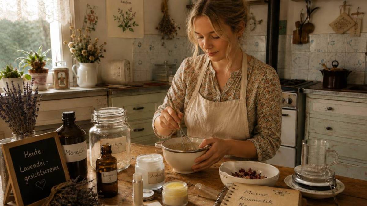 DIY Kosmetik empfindliche Haut – eine junge Frau in einer nostalgisch anmutenden Küche, Kosmetik rührend