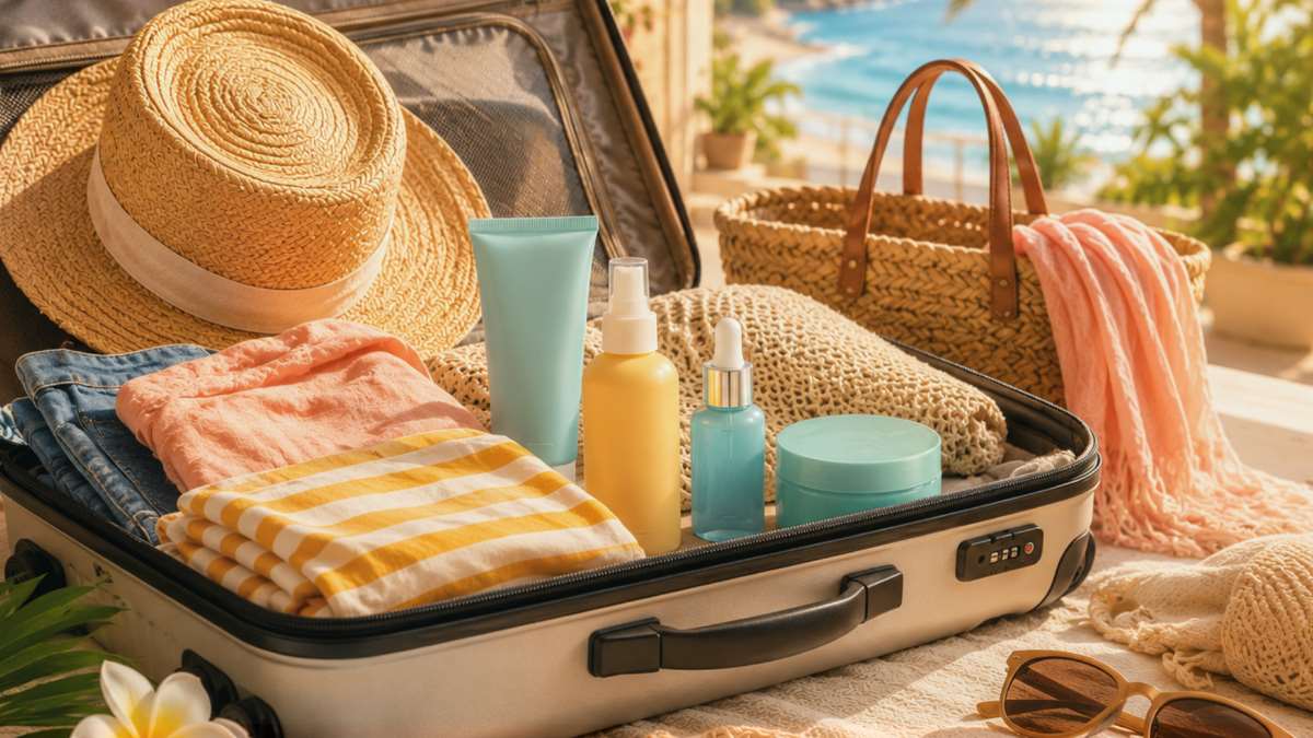 Hautpflege im Urlaub: ein offener Koffer mit allerlei Urlaubsgewand und Kosmetikprodukten, im Hintergrund Urlaubsstimmung, Sonne, Meer
