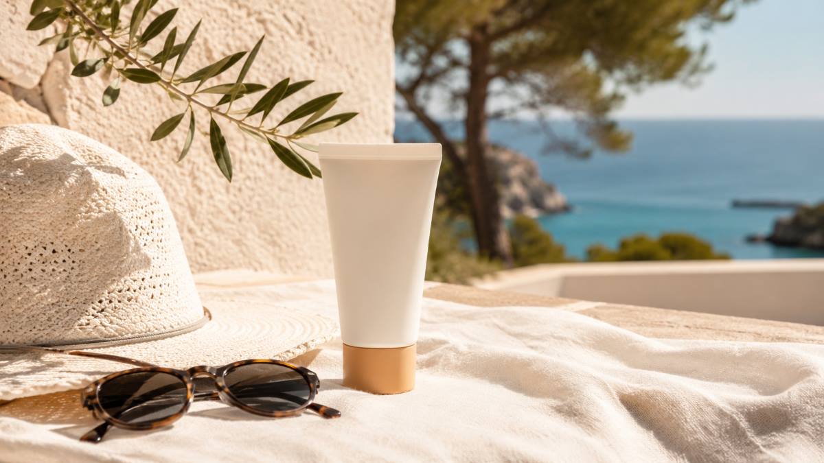 Mallorca-Akne – Weiße Sonnenschutz-Tube mit goldenem Deckel auf einem hellen Leinentuch, daneben Strohhut, Sonnenbrille und Olivenzweig, im Hintergrund Meerblick auf eine mediterrane Felsbucht