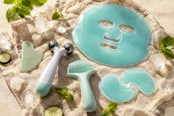 Flatlay der kühlenden Gadgets Maske, Roller, Gua Stone etc. auf einem Leinenhandtuch, dekoriert mit Minze, Eiswürfeln und Gurkenscheiben