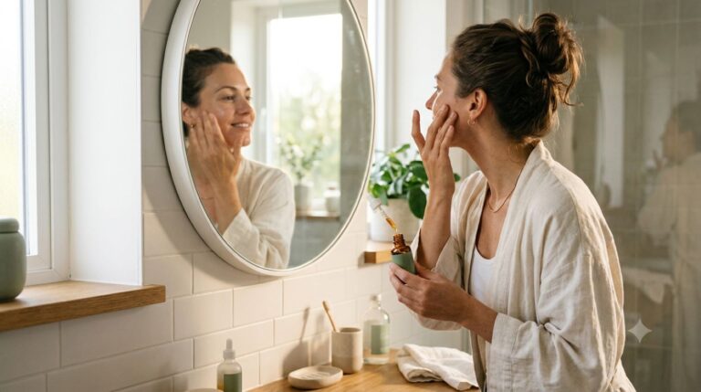 Frau um die 40 trägt morgens Azelainsäure-Serum im Badezimmer auf empfindliche Haut auf – Azelainsäure Wirkung Rosazea KI-generiert
