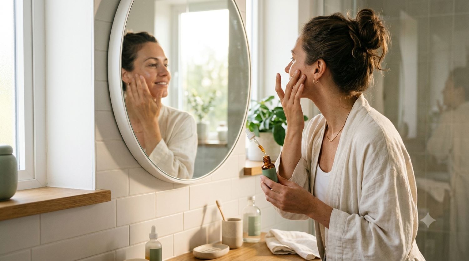 Frau um die 40 trägt morgens Azelainsäure-Serum im Badezimmer auf empfindliche Haut auf – Azelainsäure Wirkung Rosazea KI-generiert