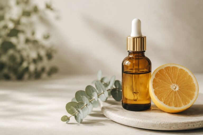 Vitamin C empfindliche Haut: Serum, eine halbe aufgeschnittene Orange, auf einem Teller, im Hintergrund Eukalyptusgrün, helle unaufgeregte Atmosphäre