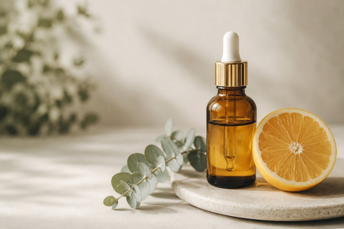 Vitamin C empfindliche Haut: Serum, eine halbe aufgeschnittene Orange, auf einem Teller, im Hintergrund Eukalyptusgrün, helle unaufgeregte Atmosphäre