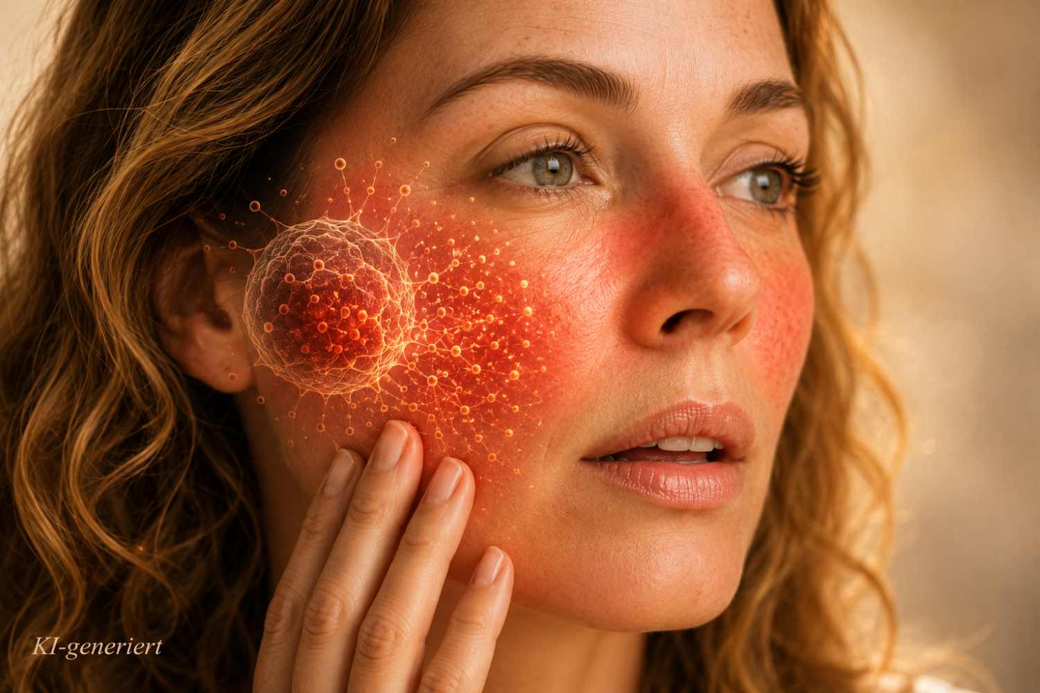 Histamin Hautrötung – Frau berührt gerötete Wange mit sichtbarem Flush, Illustration einer Histamin ausschüttenden Mastzelle