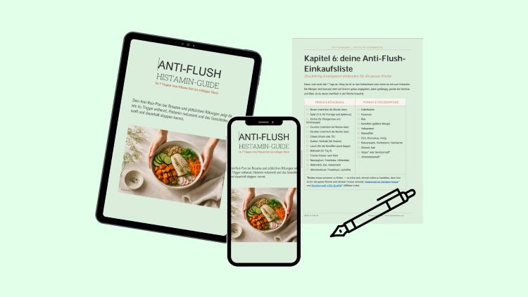 Anti Flush Histamin Guide abbildung auf Tablet, Handy und Einkaufsliste