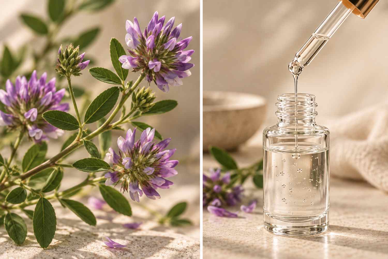 links Harzklee-Blüte liala als Quelle von Bakuchiol in Serumflasche rechts 2 Bakuchiol Deep Dive