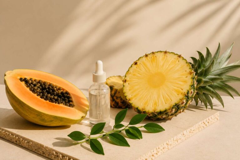Enzympeeling PHA – Papaya und Ananas mit Serum-Tropfflasche als Symbol für Enzympeeling und PHA