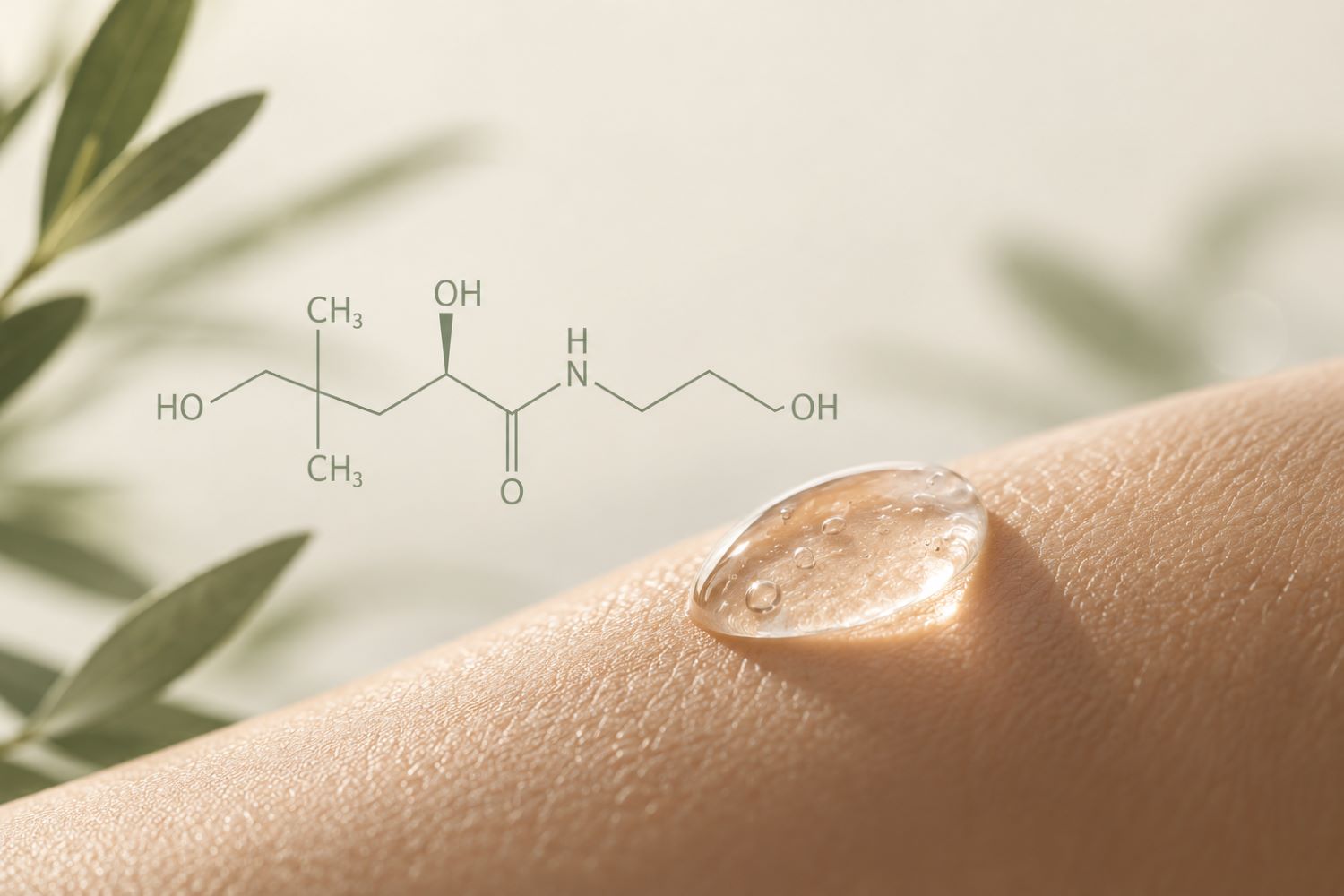 Wirkung Panthenol Haut – Serumtropfen auf der Haut mit Molekülstruktur von Panthenol im Hintergrund, Symbolbild für die Wirkung von Panthenol auf die Haut